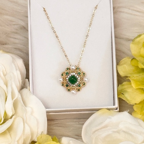 Pearls Micro Pave Diamonds and Emerald Gemstone Gold Pendant Necklace NEW! - Picture 3 of 6